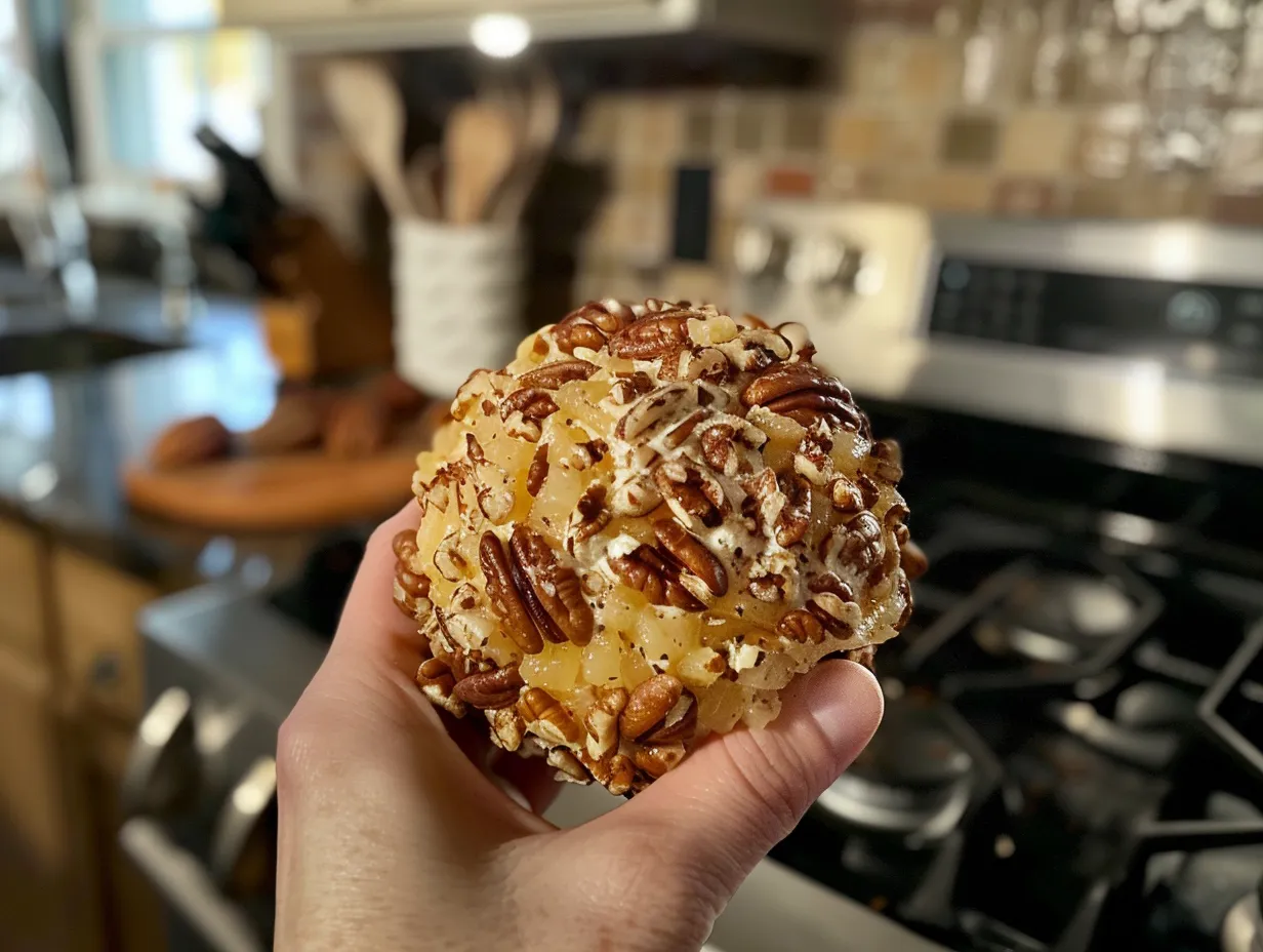 Finished pineapple pecan cheese ball on a kitchen counter