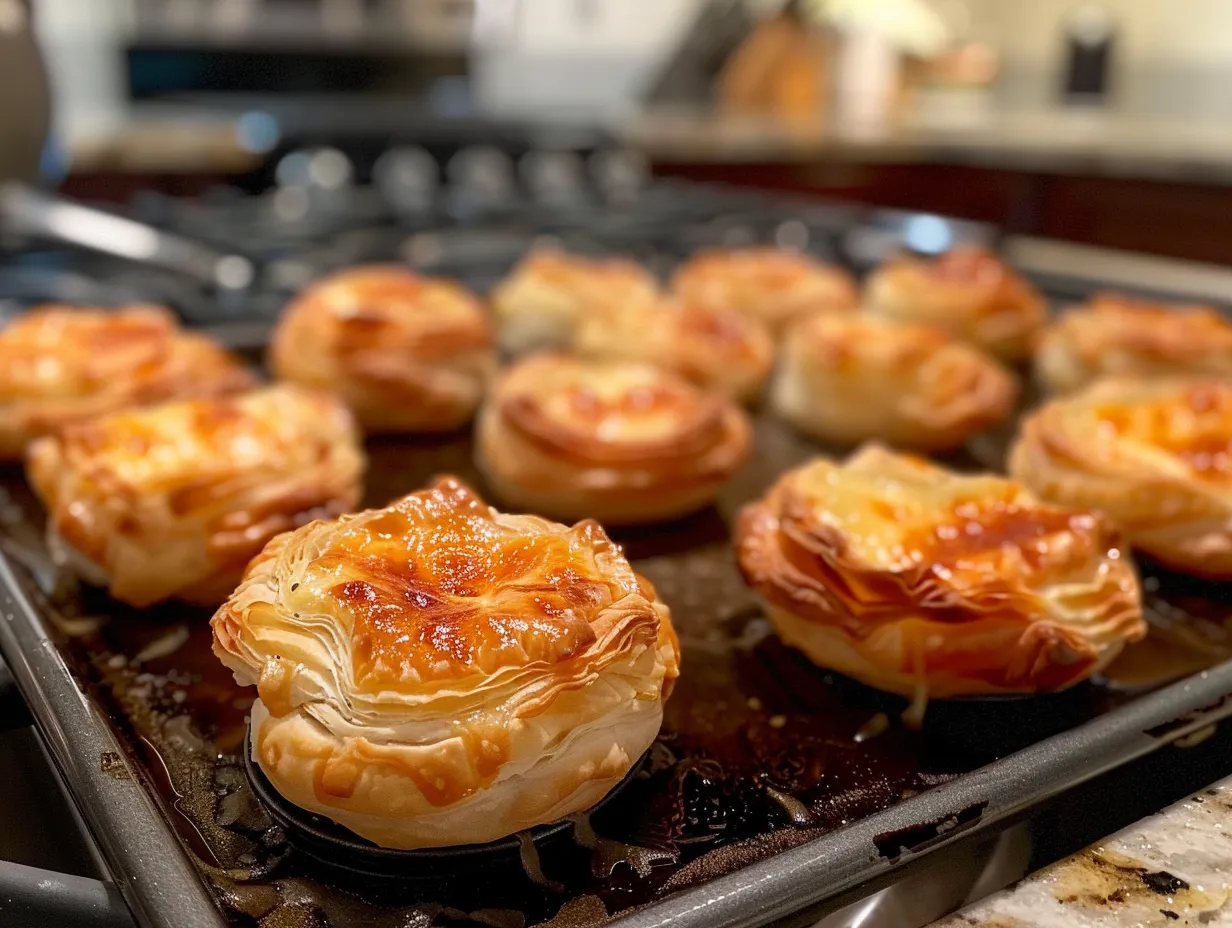Finished Puff Pastry Brie Bites arranged on a dining table, showcasing their golden-brown crust and melted brie filling.