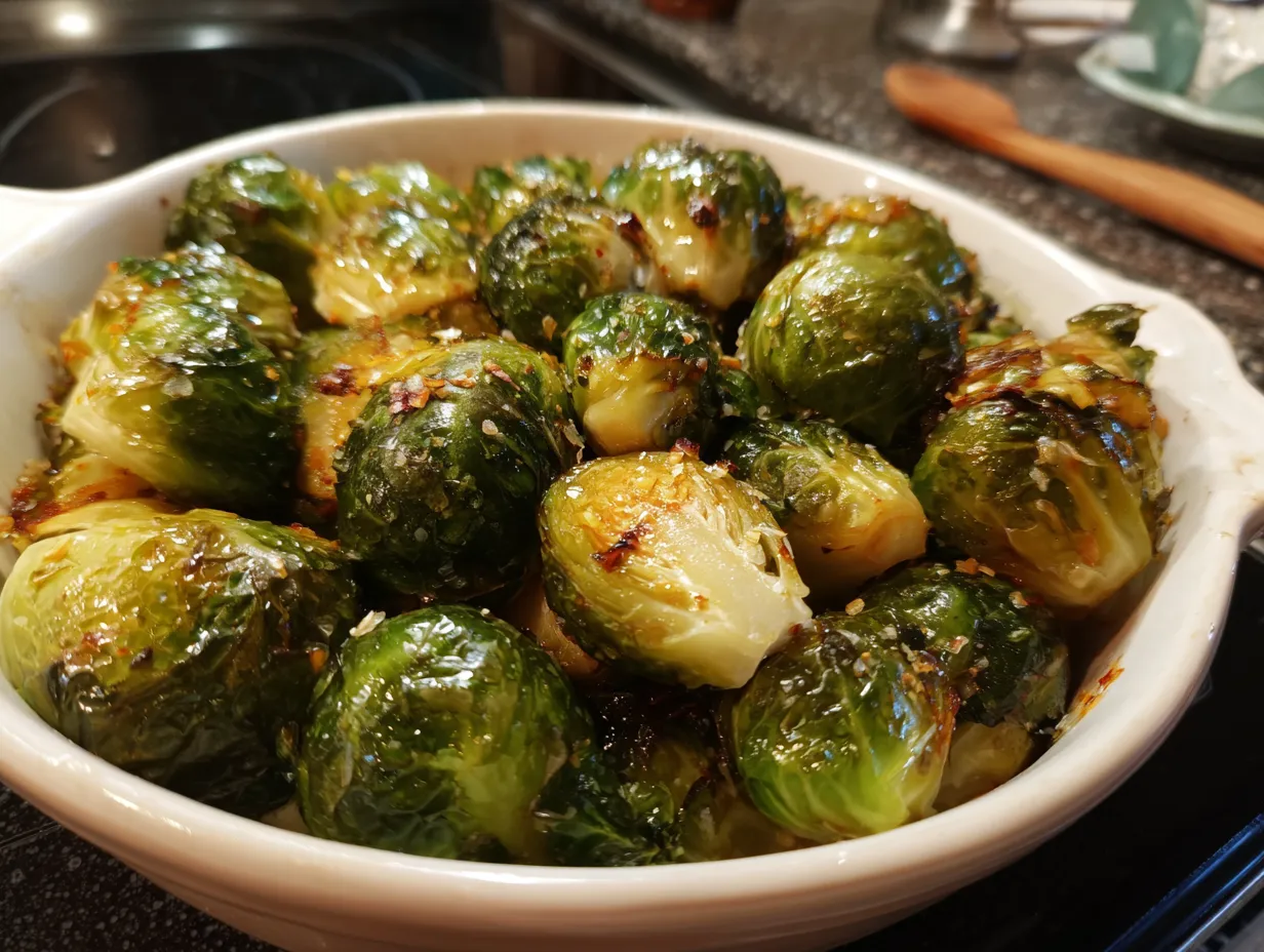 Finished Roasted Brussel Sprouts on a white plate