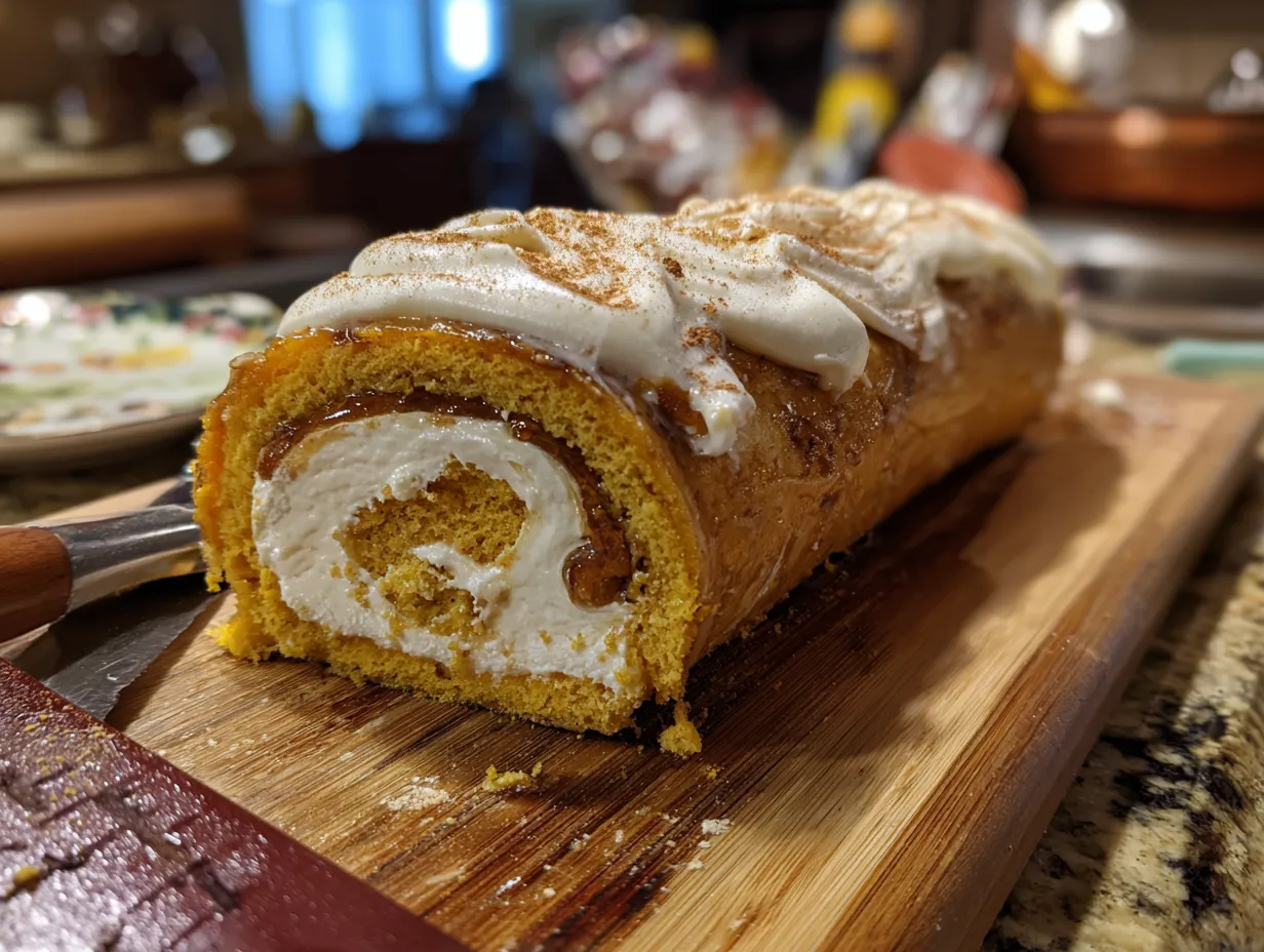 Finished Spiced Creamy Pumpkin Roll sliced on a plate
