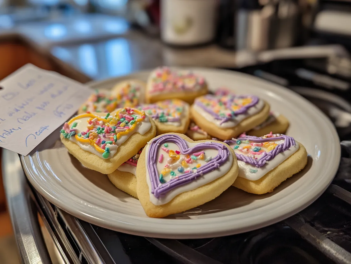 Finished sugar cookies decorated with icing on a dining table