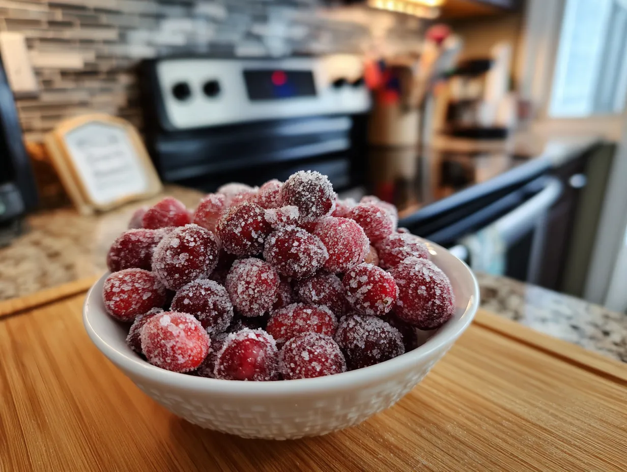 Finished sugared cranberries displayed on a wooden board, showcasing their sparkling and festive appearance.