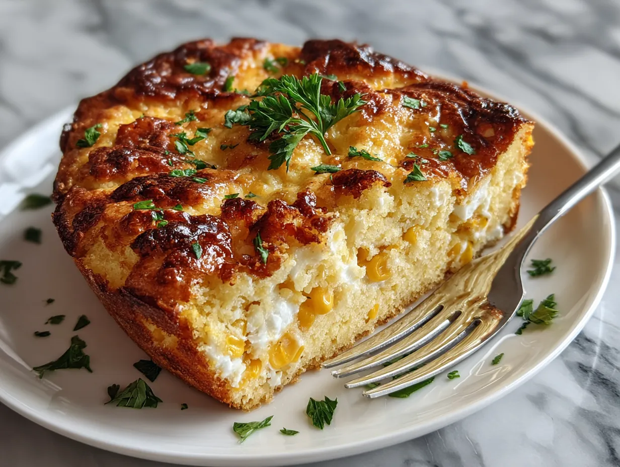 Finished Sweet Corn Spoonbread Casserole, golden brown and ready to serve