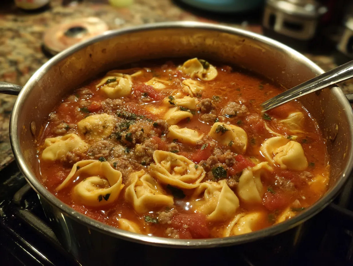 Finished Tortellini Soup with Sausage in a bowl.