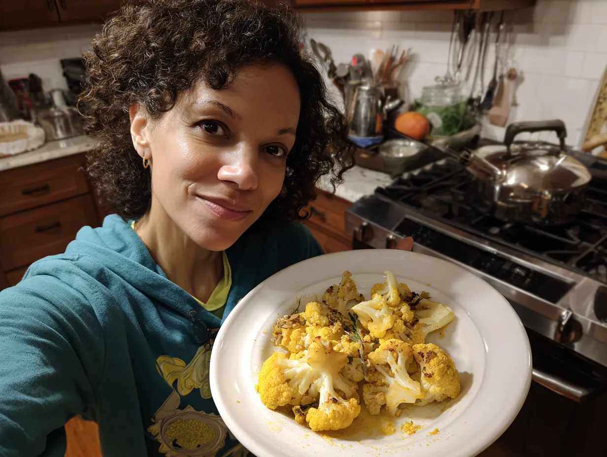 Finished Turmeric Cauliflower Steaks garnished with herbs on a kitchen counter.