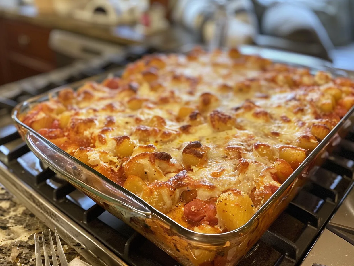 Finished Tuscan Chicken Gnocchi Bake on a kitchen counter, golden brown and bubbly