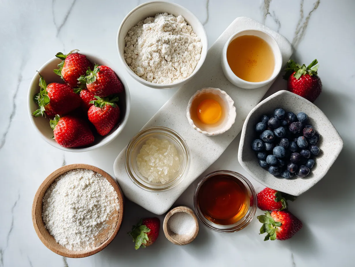 Fresh ingredients for making berry cheesecake, including berries, cream cheese, and graham crackers