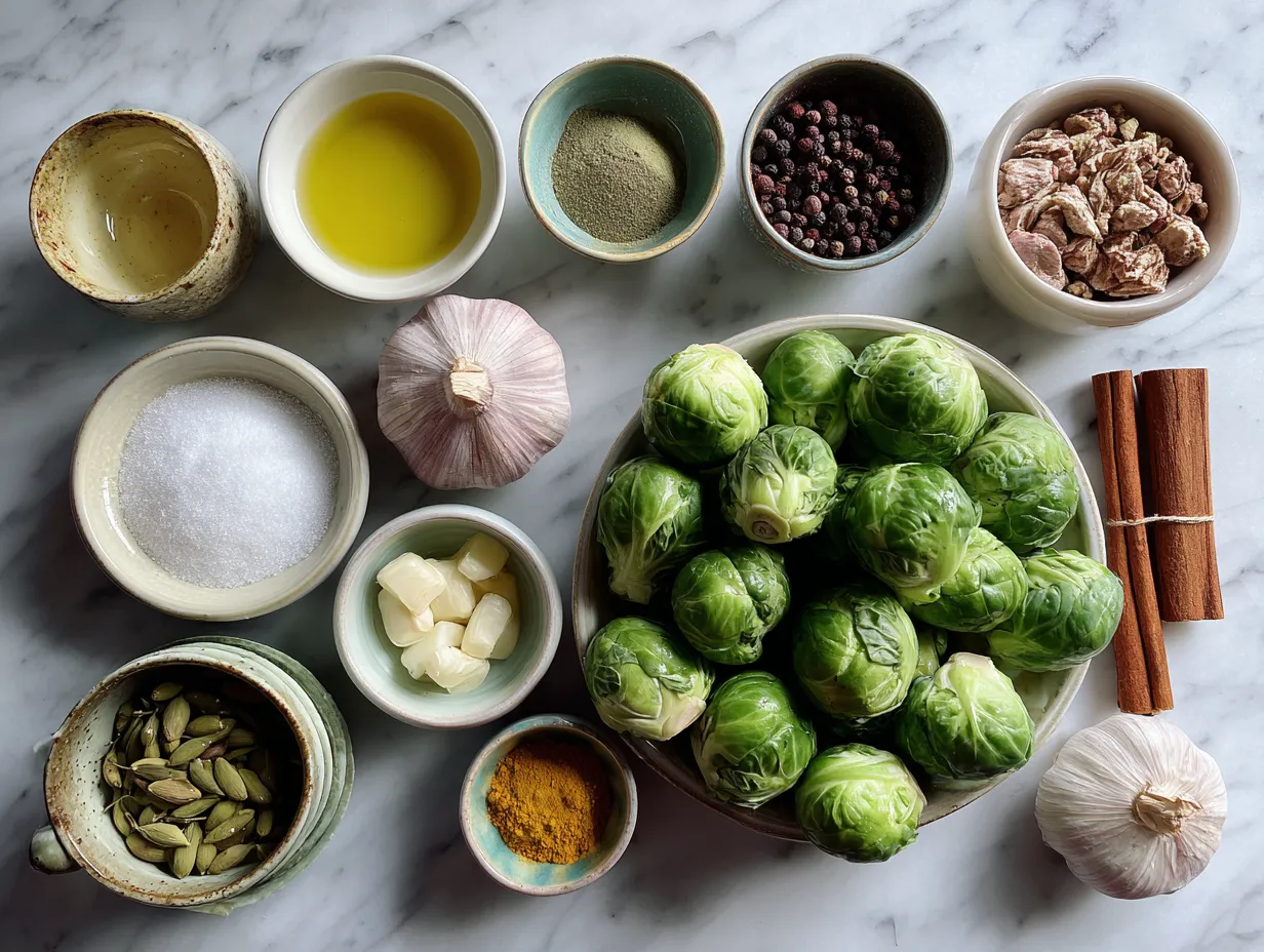 Fresh Brussel Sprouts ingredients including Brussel sprouts, olive oil, salt, pepper, garlic, parmesan cheese and balsamic vinegar on a wooden cutting board