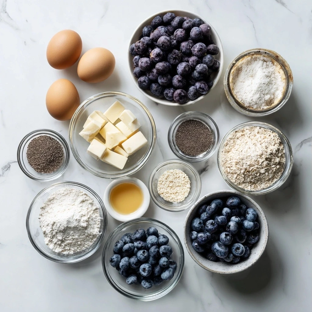 Ingredients for Blueberry Cheesecake Protein Bites including oats, protein powder, cream cheese, blueberries, and more.