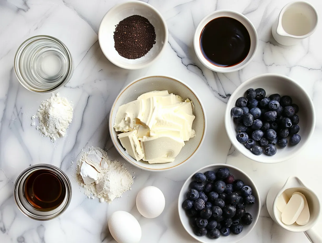 Fresh ingredients ready to make a delicious blueberry cheesecake