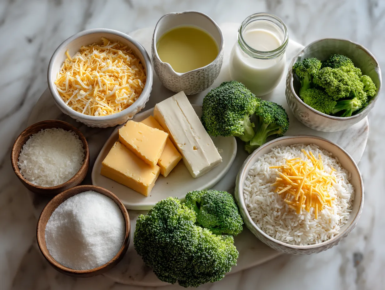 Fresh ingredients for Broccoli Cheese Rice Casserole, including broccoli, cheddar cheese, rice, and spices.