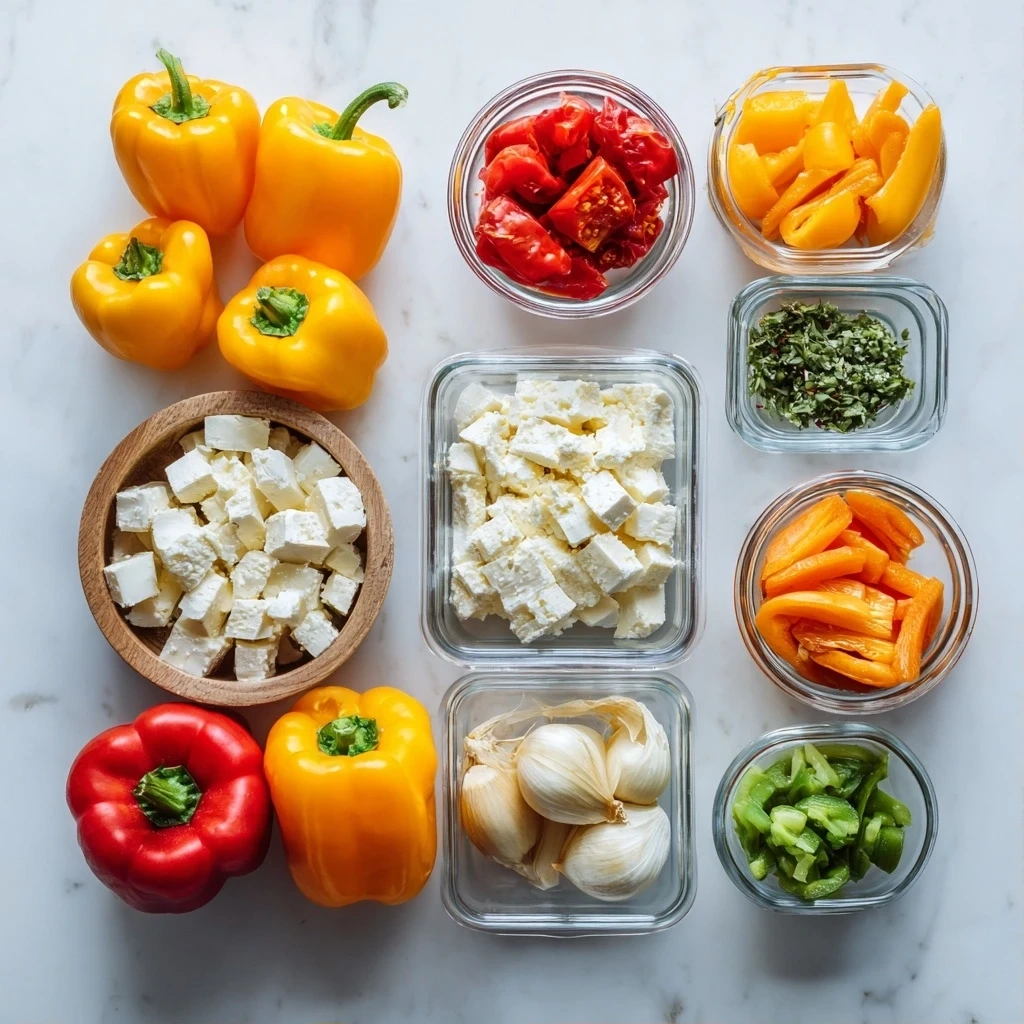 Fresh ingredients for preparing Goat Cheese Stuffed Mini Peppers, including mini sweet peppers, goat cheese, basil, and spices.