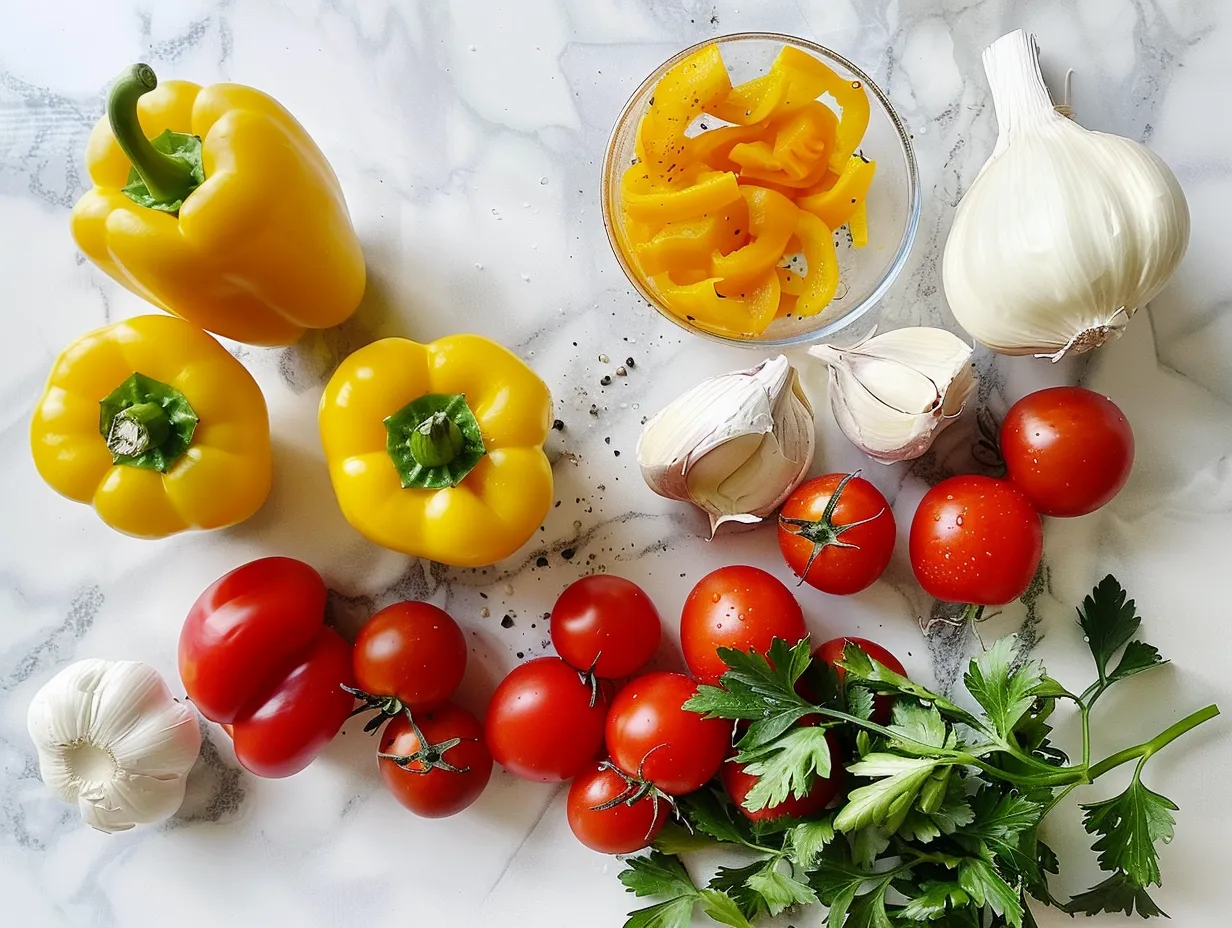 Fresh ingredients laid out for making stuffed bell peppers, including bell peppers, ground beef, rice, tomatoes, and spices.