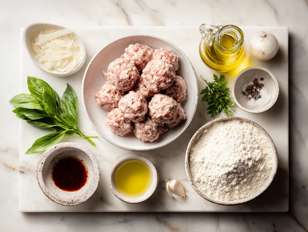 Fresh ingredients for making delicious turkey meatball subs including ground turkey, breadcrumbs, parmesan cheese, and spices.