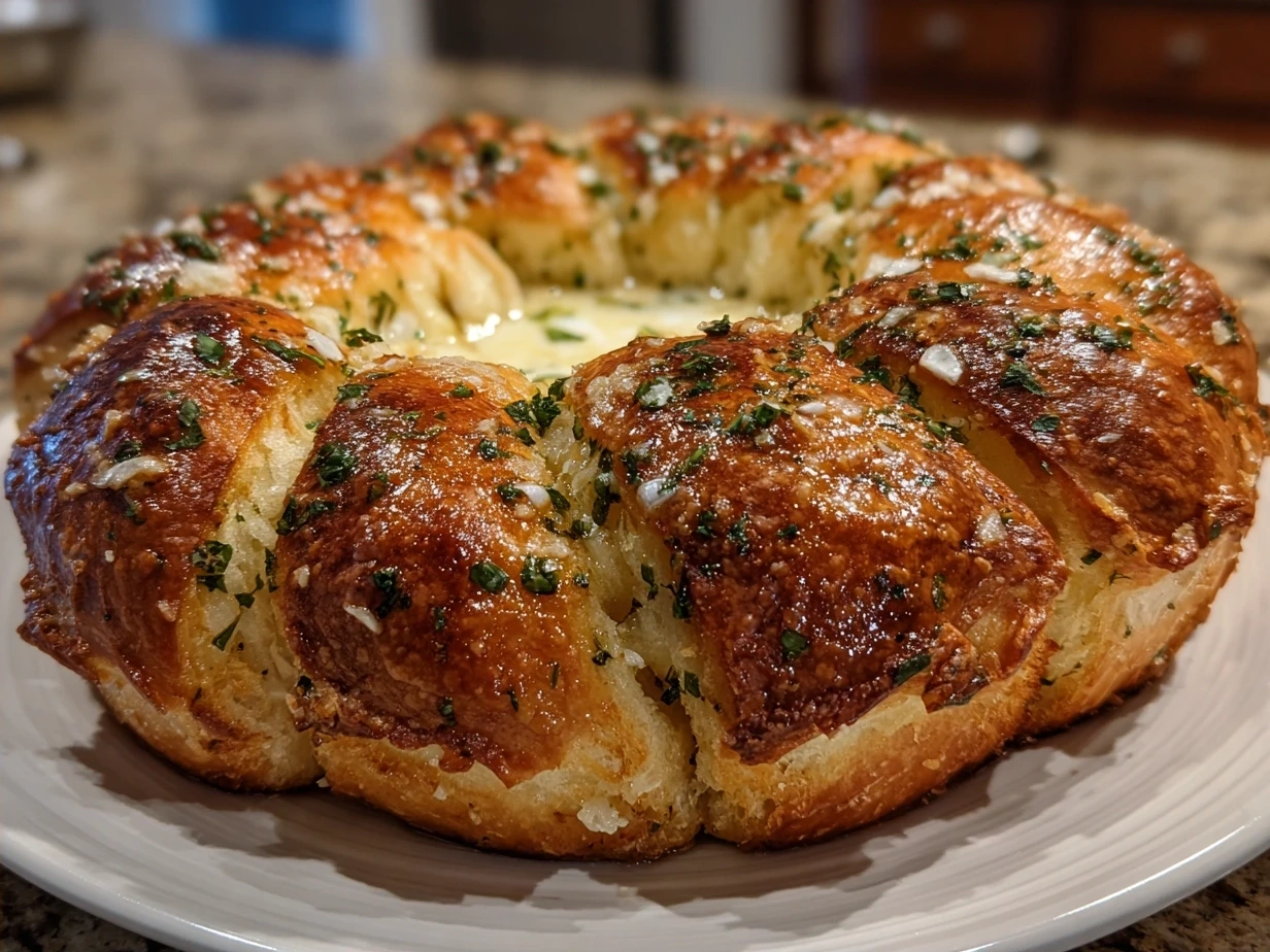Garlic Bread Wreath with Baked Brie on a platter ready to serve
