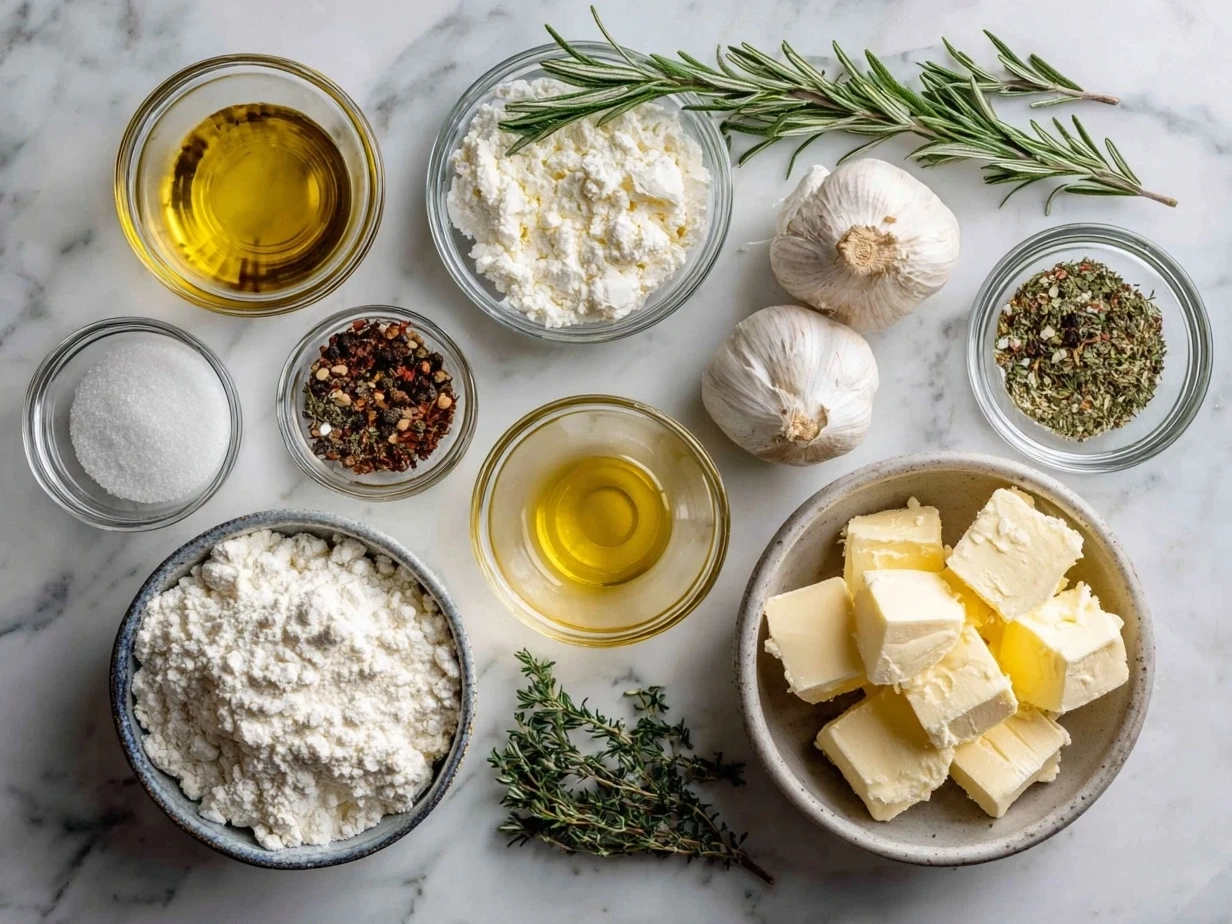 Ingredients for Garlic Bread Wreath with Baked Brie including bread, brie, butter, garlic, and spices