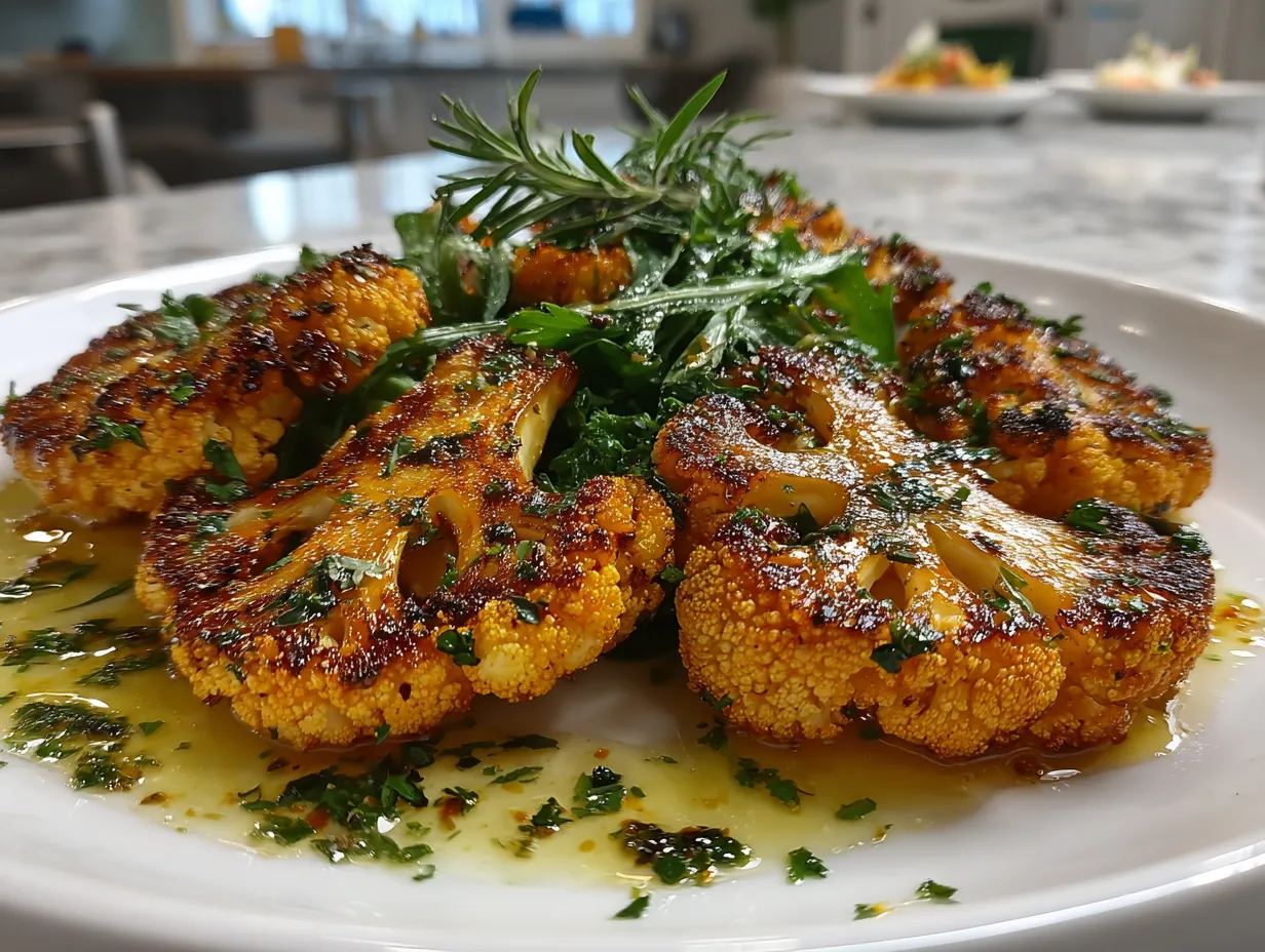 Golden Turmeric Cauliflower Steaks on a Plate
