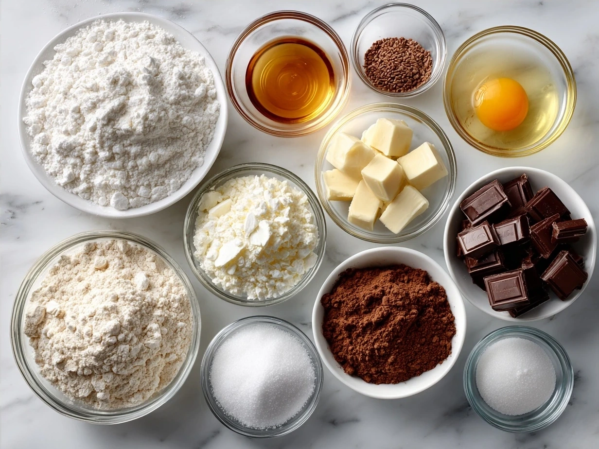 Ingredients for making Heart-Shaped Cupcakes: flour, sugar, cocoa powder, baking powder, baking soda, salt, buttermilk, oil, vanilla, water, and eggs.