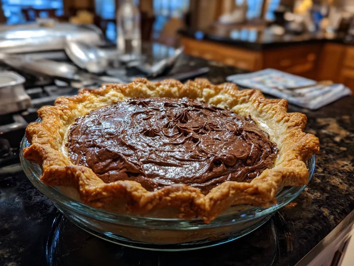 Homemade French Silk Pie on a kitchen counter
