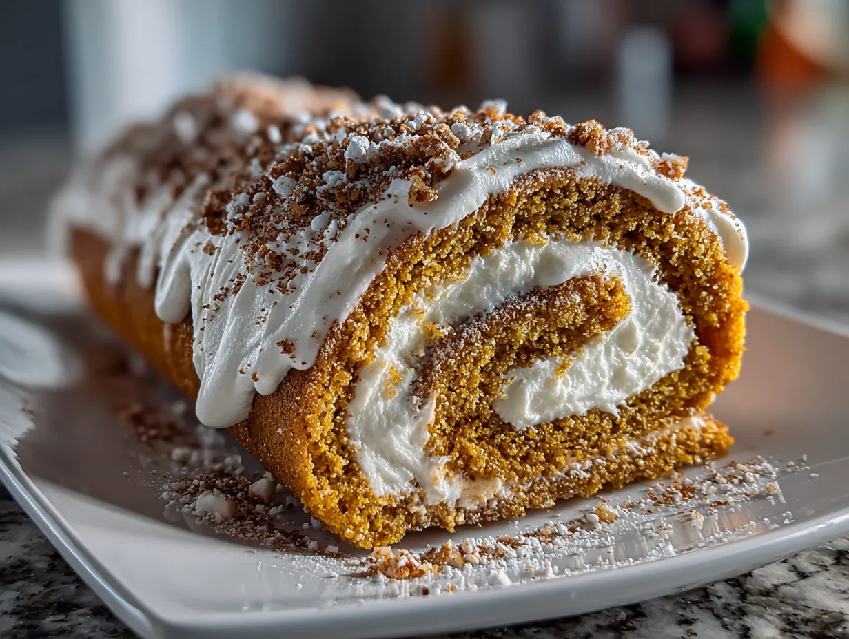 Homemade Spiced Creamy Pumpkin Roll on Display