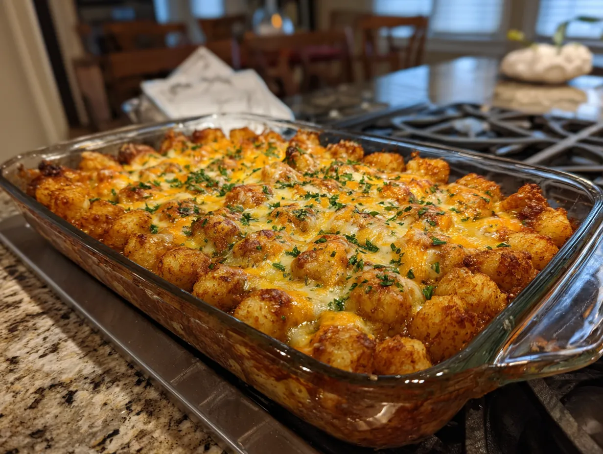 Homemade Tater Tot Casserole ready to serve