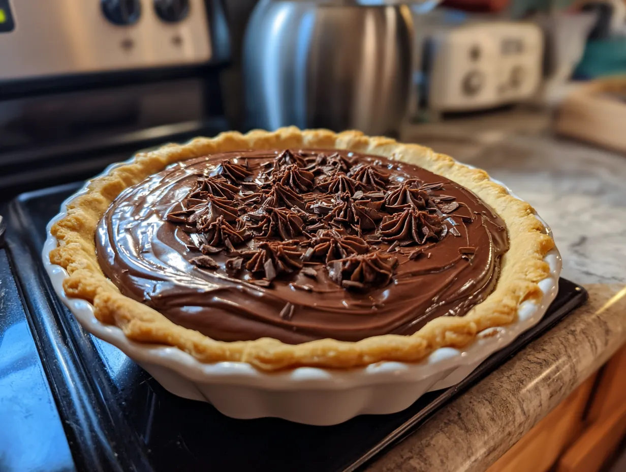 Delicious homemade Triple Chocolate Pie displayed on a table.