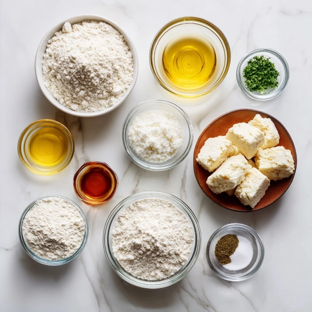 Ingredients for homemade buttermilk biscuits including flour, butter, baking powder, buttermilk and honey.