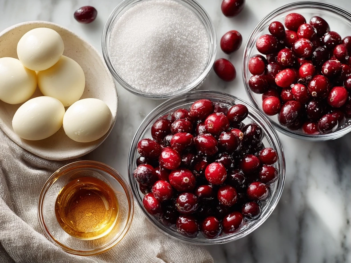 Ingredients for 3-ingredient sugared cranberries, including fresh cranberries, sugar, and water.