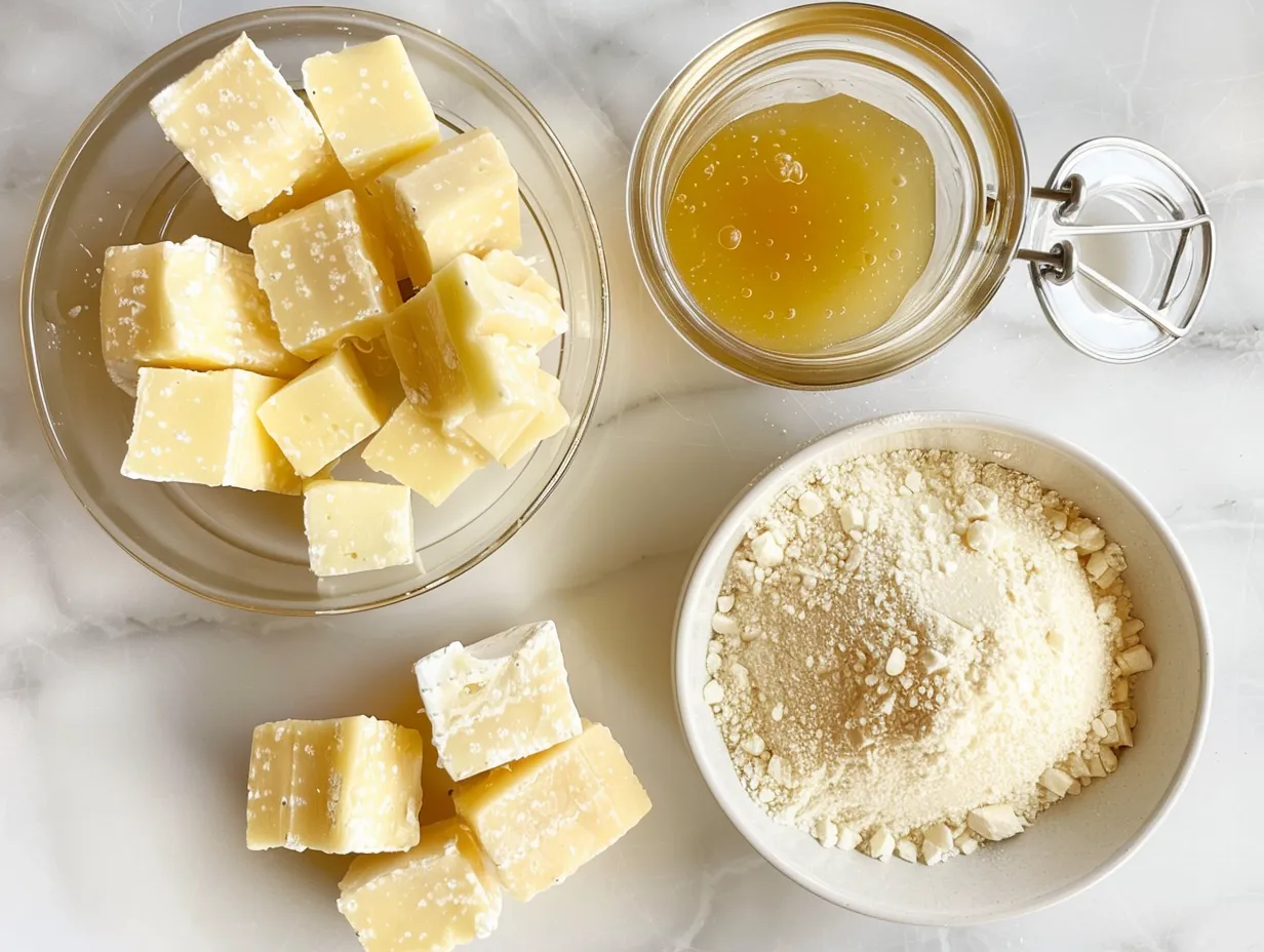 Ingredients for making apple butter brie bites including puff pastry, brie, apple butter, and pecans.