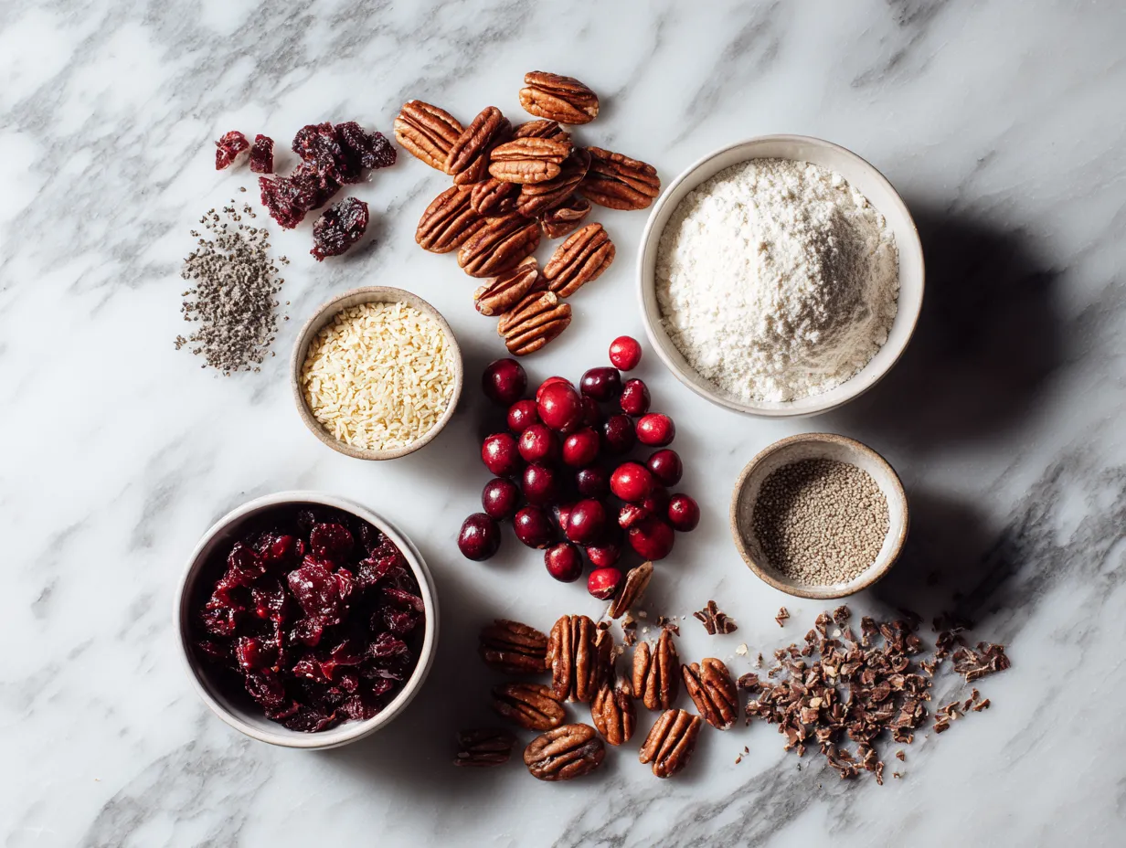 Ingredients for making Cranberry Pecan Cheesecake Ball: cream cheese, powdered sugar, vanilla extract, cranberries, pecans, and honey.