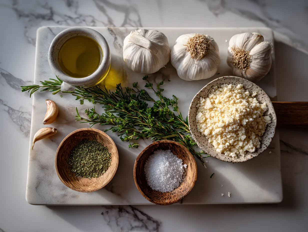 Ingredients needed to make a Garlic Herb Cheeseball, including cream cheese, goat cheese, Greek yogurt, garlic, parsley, chives, and rosemary.
