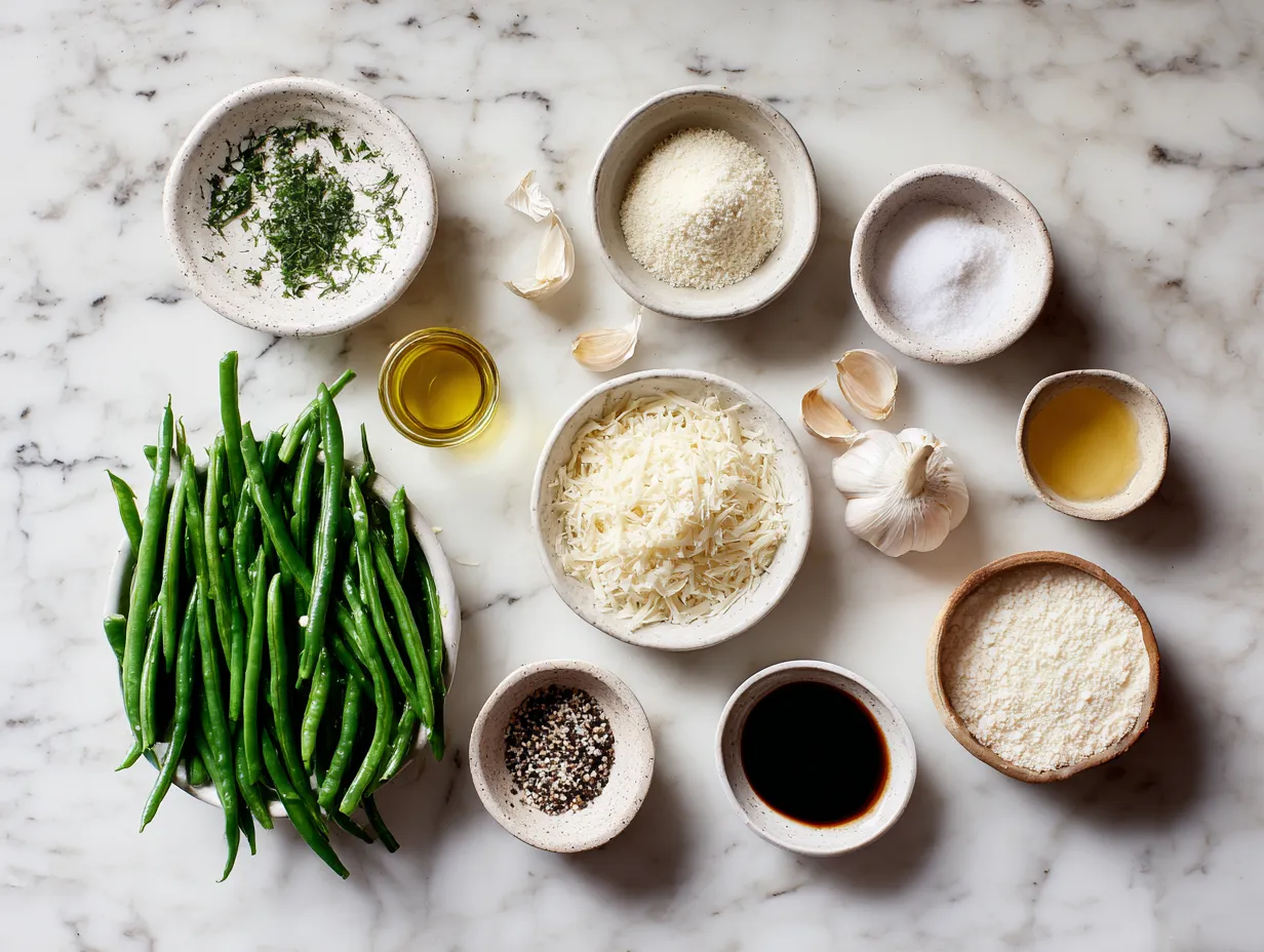 Ingredients for Garlic Parmesan Green Bean Casserole including green beans, garlic, Parmesan cheese, olive oil, and panko bread crumbs.