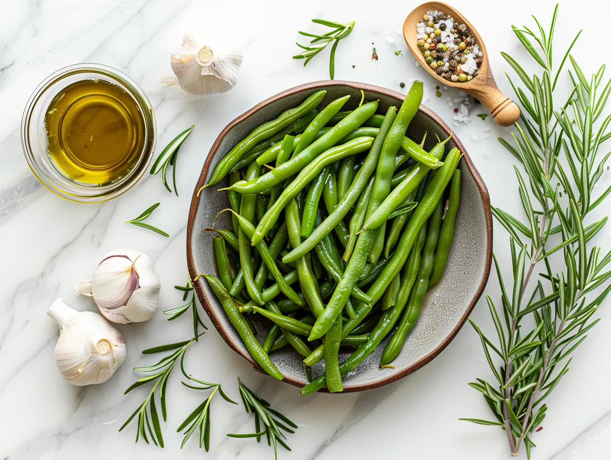 Ingredients for Loaded Green Bean Casserole including green beans, bacon, onion, garlic, cream cheese, sour cream, cheddar cheese, milk, salt, pepper, French fried onions, and Parmesan cheese.