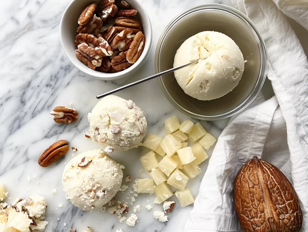 Ingredients for pineapple pecan cheese ball on a marble countertop