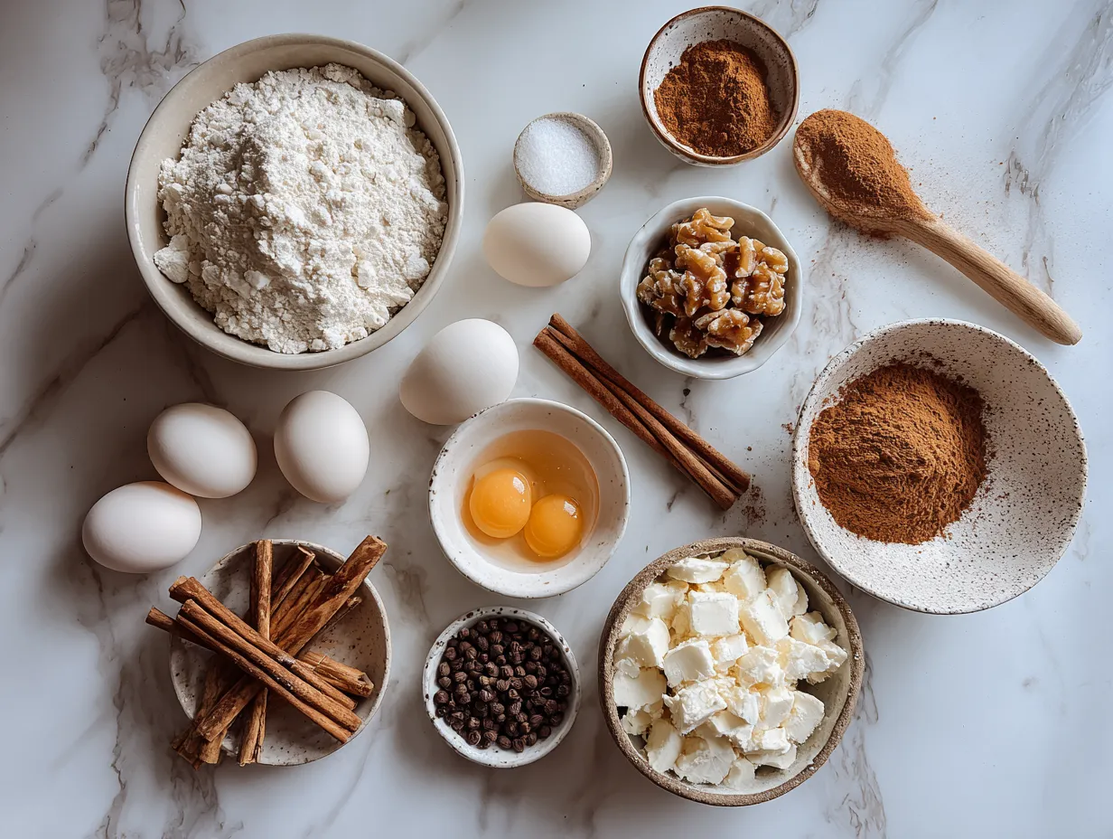 Ingredients for making pumpkin cheesecake brownies laid out on a marble surface