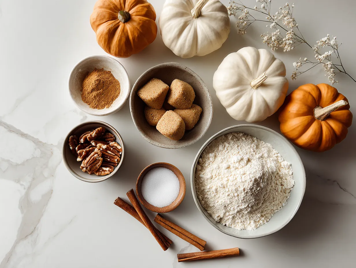 Ingredients needed to make pumpkin cookie pie, including pumpkin puree, chocolate chips, flour, and spices