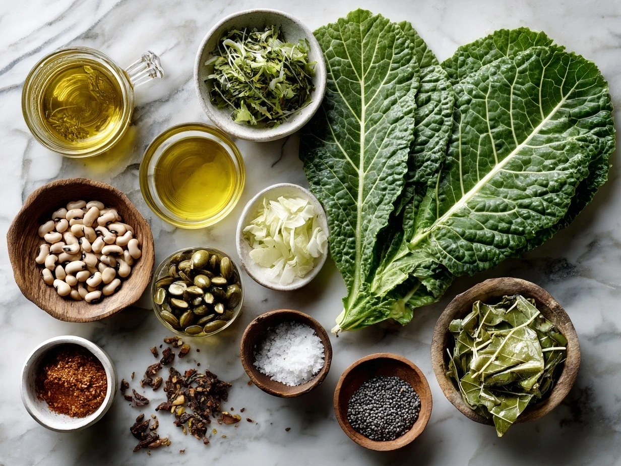 Ingredients for making Southern Black-Eyed Peas with Collard Greens on a wooden table
