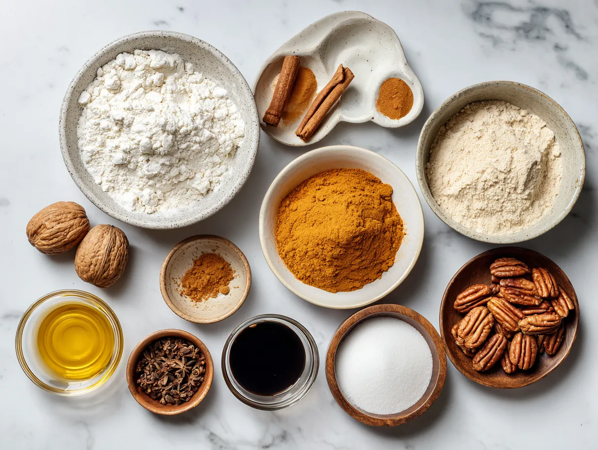 Ingredients for spiced creamy pumpkin roll on a wooden table including pumpkin puree, eggs, and spices.