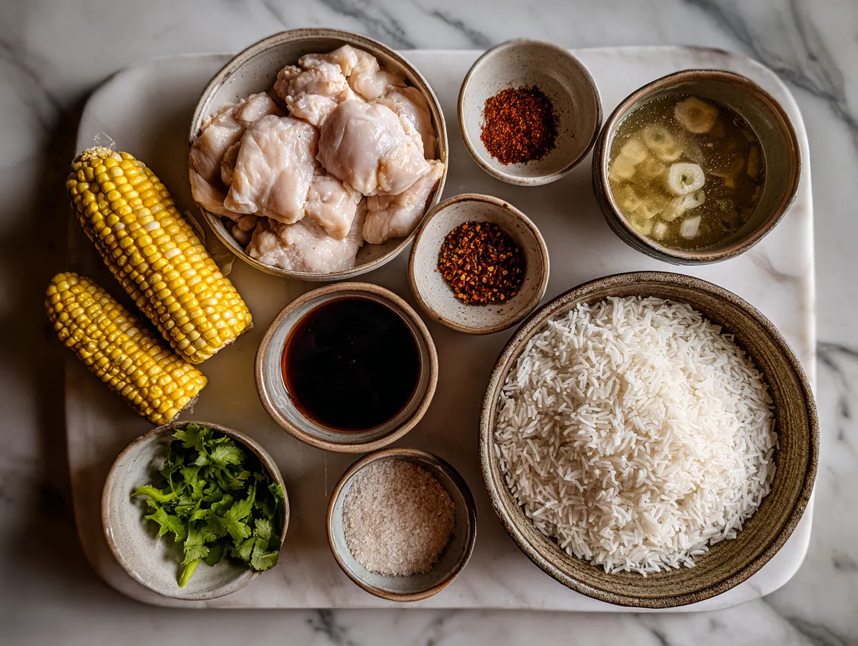 Ingredients for Spicy Mexican Street Corn Chicken Rice Bowl including corn, chicken, rice and spices