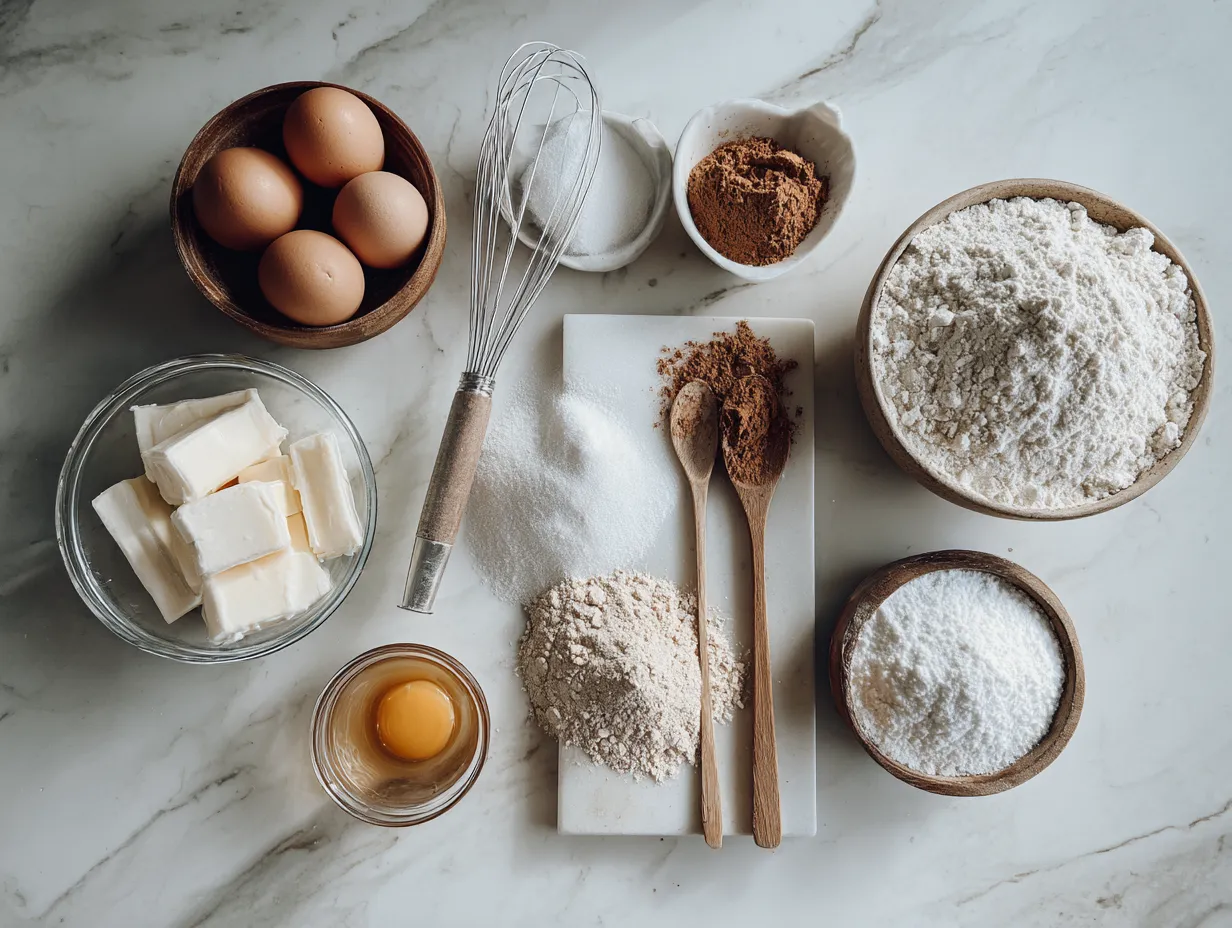 Ingredients for sugar cookies including flour, butter, sugar, and vanilla extract on a marble countertop