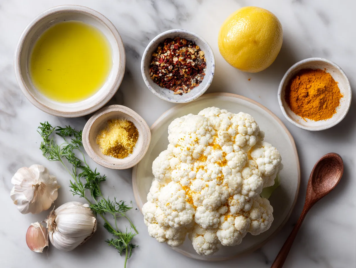 Ingredients for making Turmeric Cauliflower Steaks, including cauliflower, olive oil, turmeric, and spices.