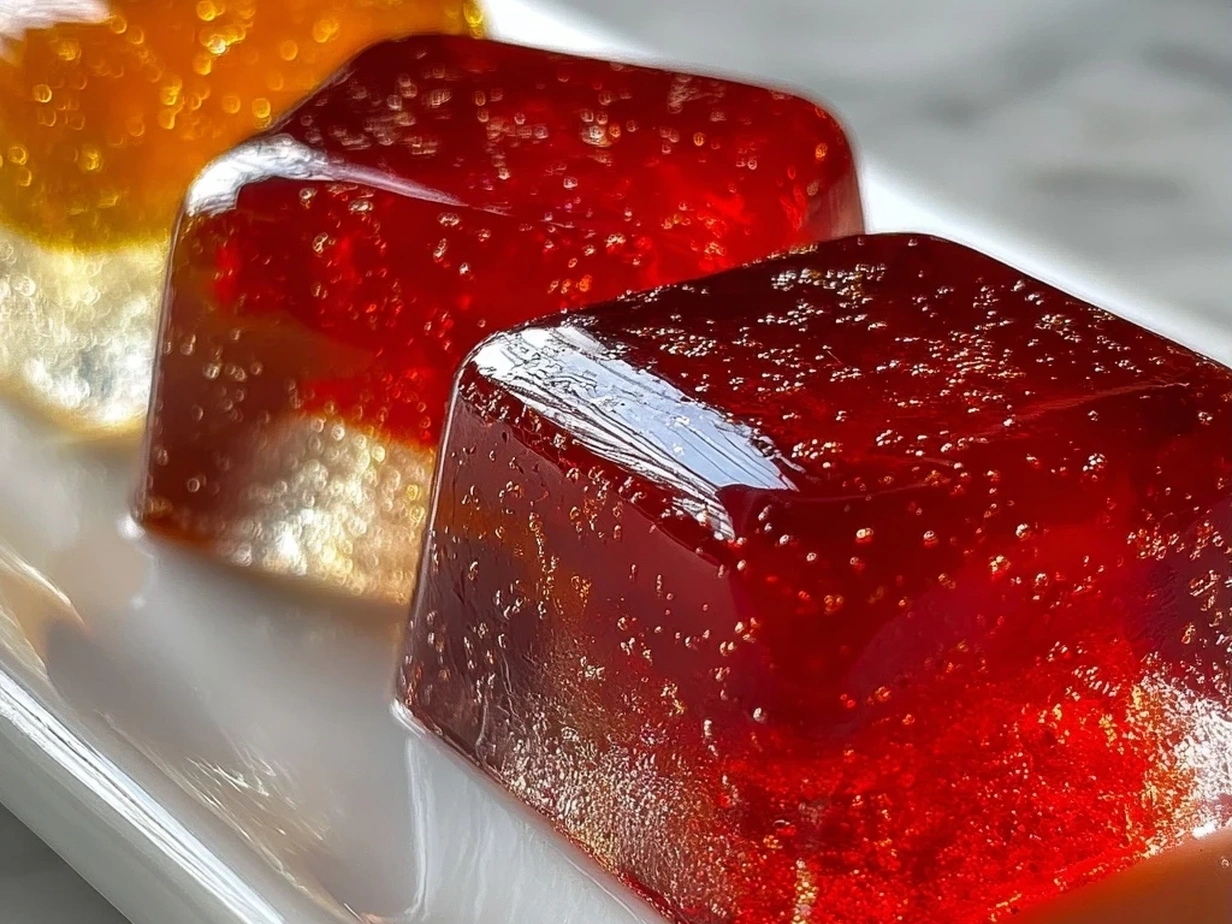 Finished jello shots with fruit garnish.