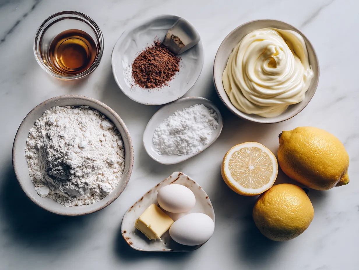 Ingredients for Lemon Cream Pie: graham crackers, coconut oil, honey, sweetened condensed milk, lemon juice, Greek yogurt, lemon zest, vanilla extract, heavy cream, and powdered sugar