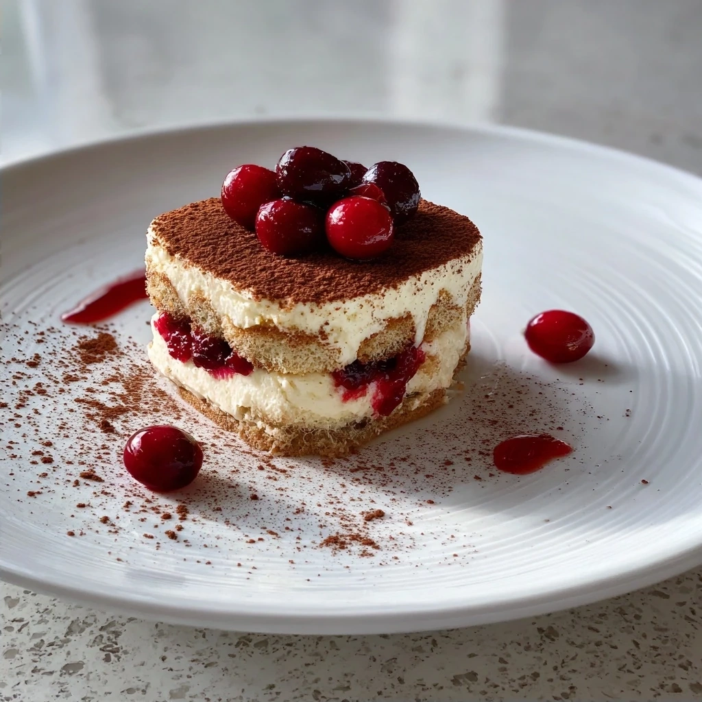 Finished Luxe Cranberry Tiramisu garnished with powdered sugar and fresh cranberries
