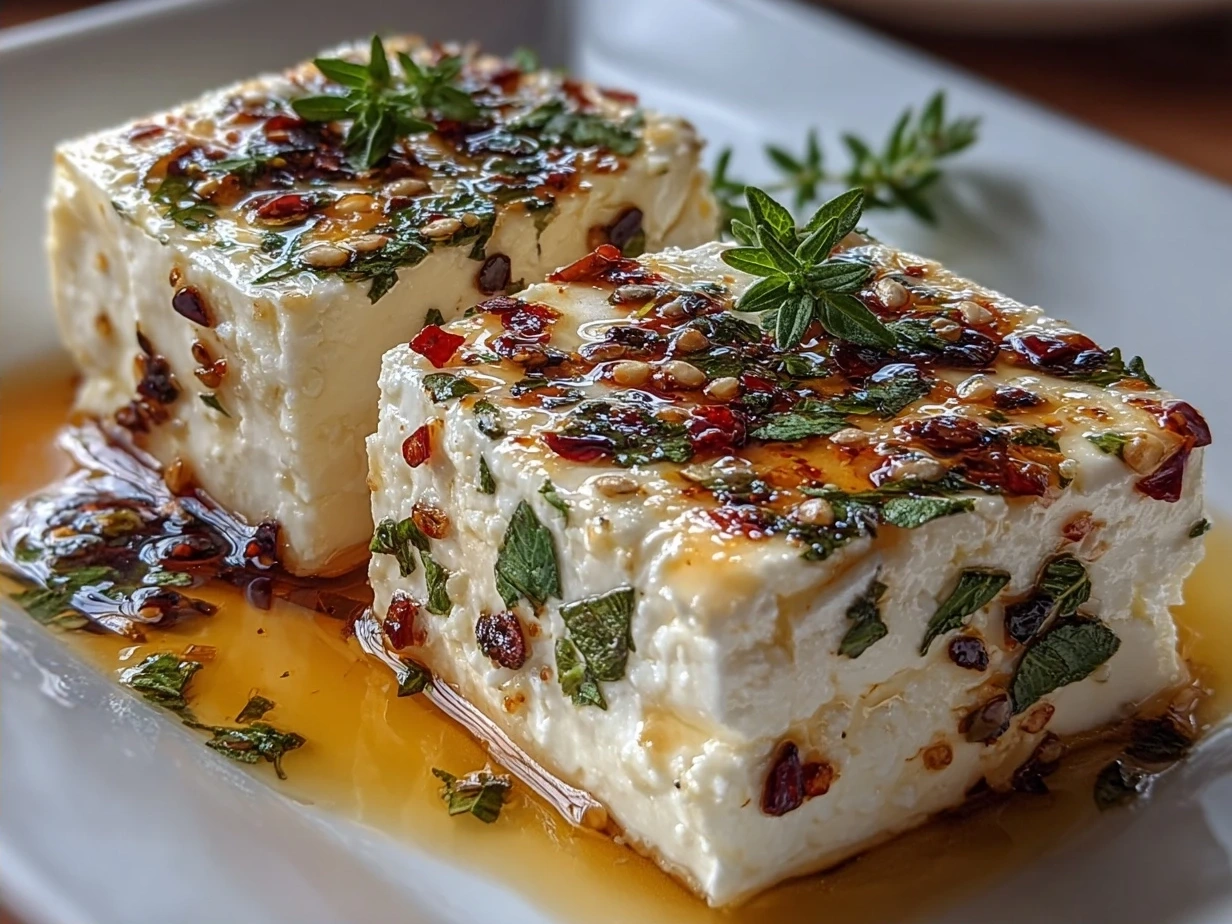 Finished Marinated Cheese in a jar with fresh herbs