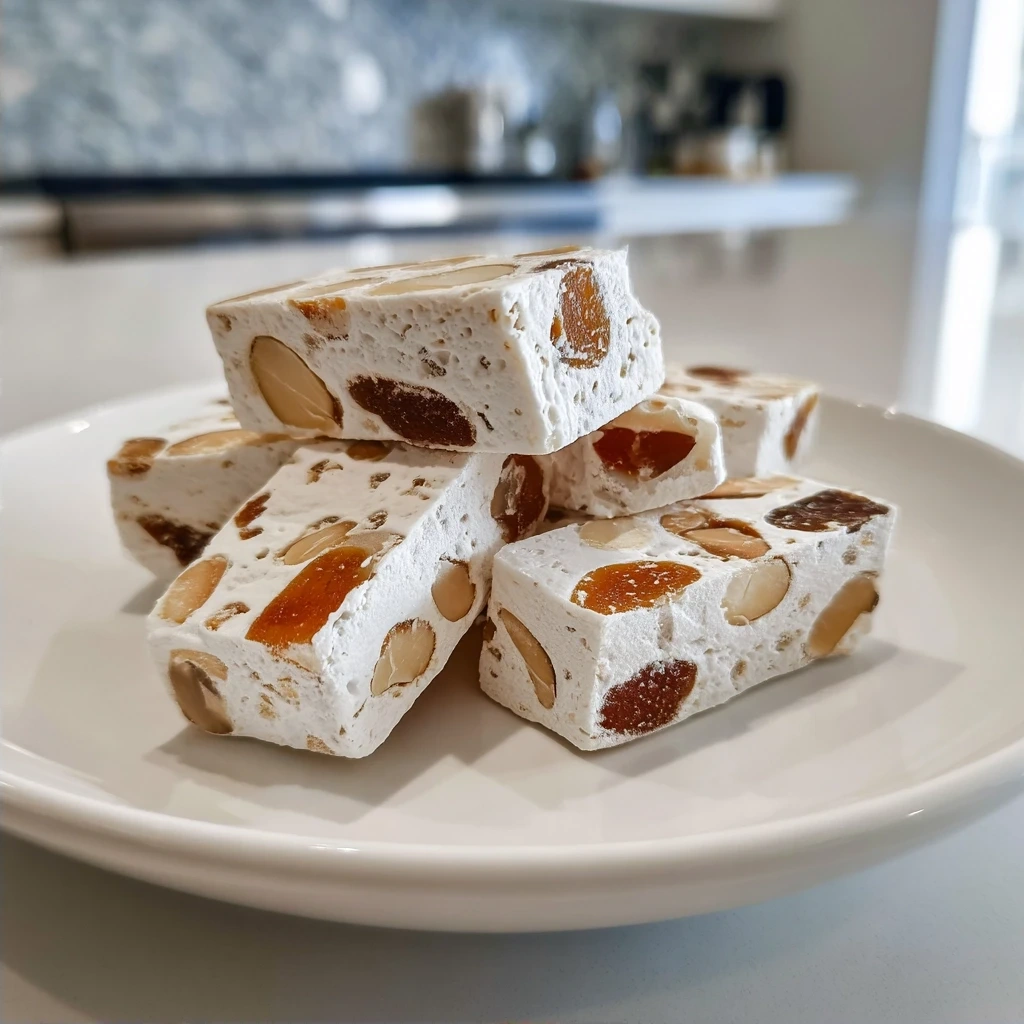 Finished Old-Fashioned Gumdrop Nougat Candy cut into squares and dusted with powdered sugar.