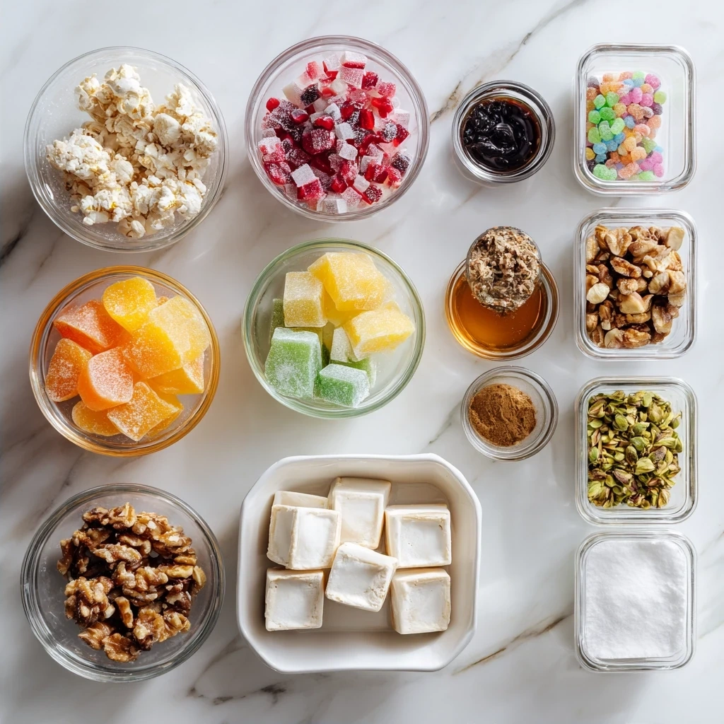 Ingredients for Old-Fashioned Gumdrop Nougat Candy including sugar, corn syrup, water, egg whites, salt, vanilla, gumdrops, and nuts.