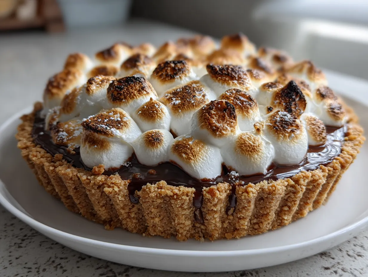 A perfectly baked Smores Pie with toasted meringue and marshmallows on top.