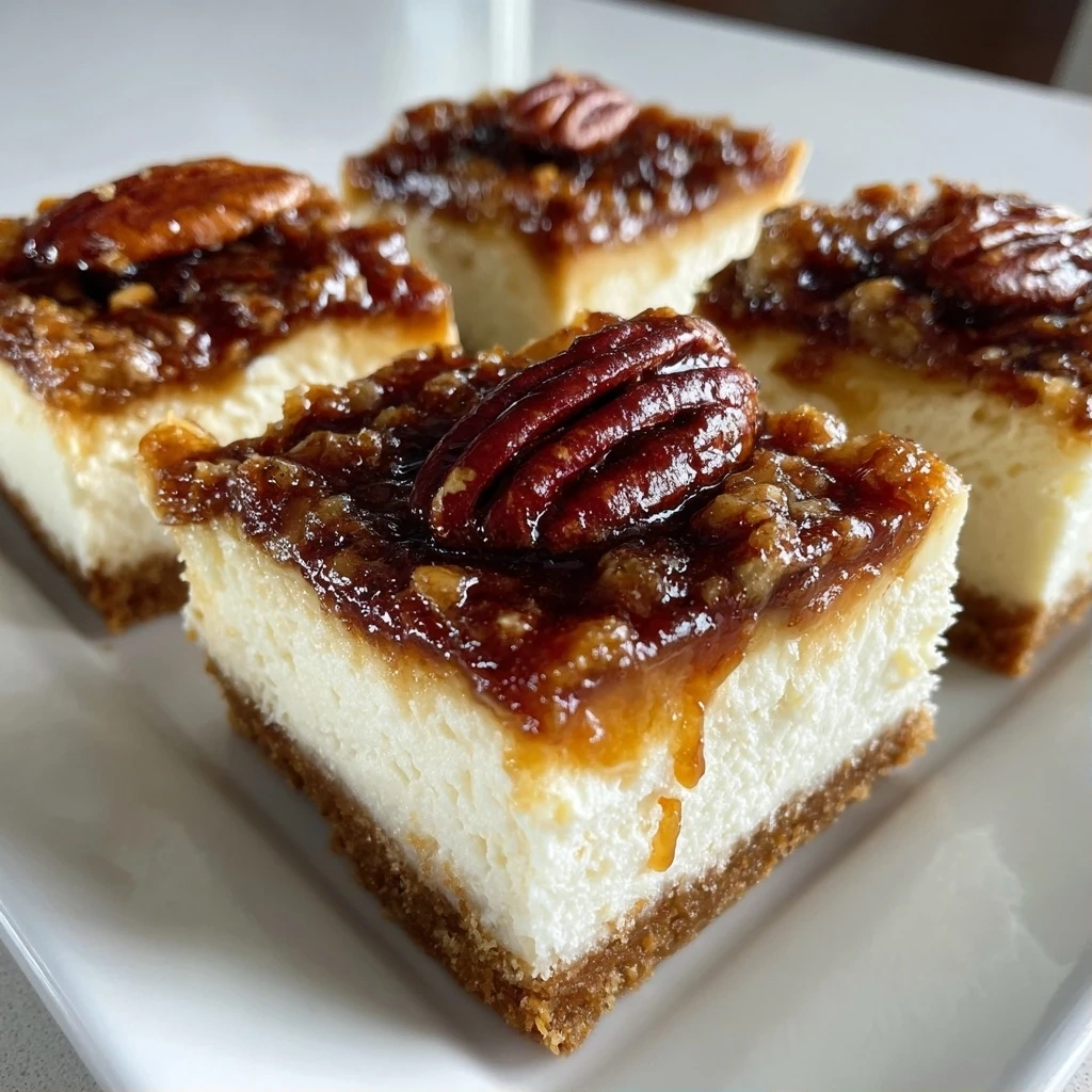Delicious pecan pie cheesecake bars ready to eat