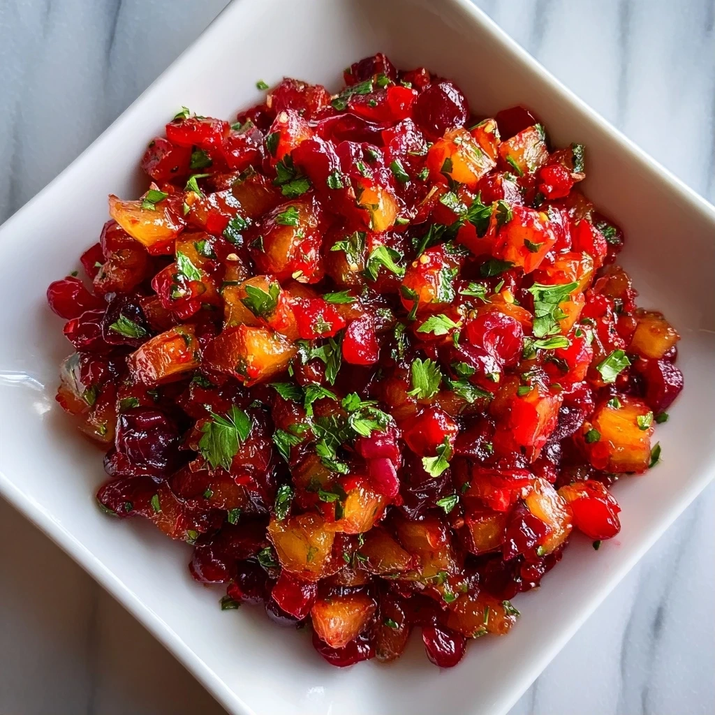 A bowl of perfectly chilled spicy cranberry salsa, garnished with cilantro.